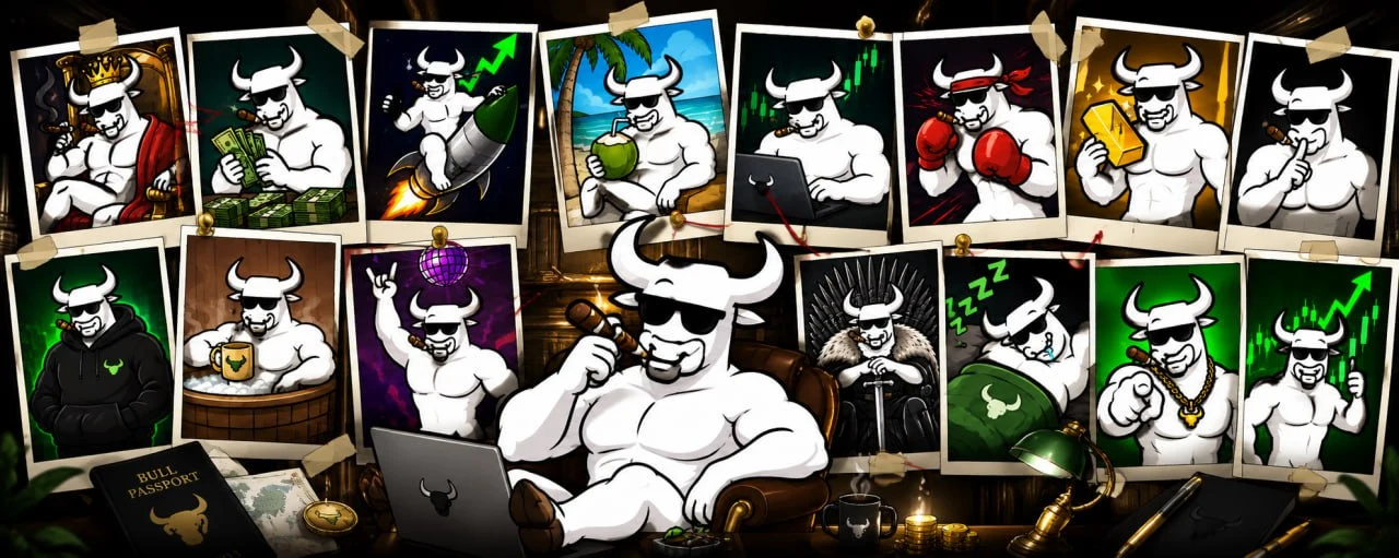A wall of framed bull portraits pinned together